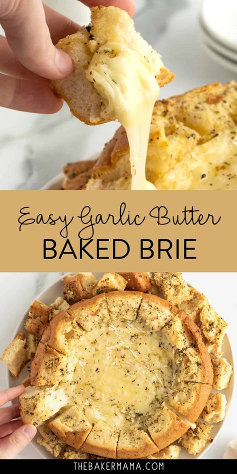 Easy Garlic Butter Baked Brie in a Bread Bowl is a simple, appealing and indulgent appetizer everyone will enjoy. Serve up anything but the ordinary with this incredible new appetizer. Creamy brie brushed with seasoned garlic butter and baked in a sourdough loaf–wow! This Garlic Butter Baked Brie in a Bread Bowl is indulgent and delicious and effortless. It’s unbrielievable! Brie Cheese Bowl Recipes, Garlic Butter Brie Bread, Garlic Butter Baked Brie In A Bread Bowl, Bread Brie Bowl, Sourdough Bowl Dip, Garlic Butter Brie Pull Apart Bread, Garlic Prosciutto And Hot Honey Baked Brie Bread Bowl, Baked Brie In Sourdough Bread, Brie Bread Appetizer