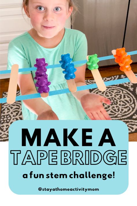 Using just a few supplies around the house, you can challenge your child to make a tape bridge. This fun preschool STEM activity by Stay at Home Activity Mom focuses on problem-solving, fosters curiosity and creativity, and works on fine motor skills! Click to see the activity in action and learn more today. Bridge Preschool Activities, Challenges For Preschoolers, Steam Challenges For Preschool, Engineer Activities For Preschool, Pre K Enrichment Activities, Stem Challenges Preschool, Diy Stem Activities, Prek Outside Activities, Stem Week Preschool