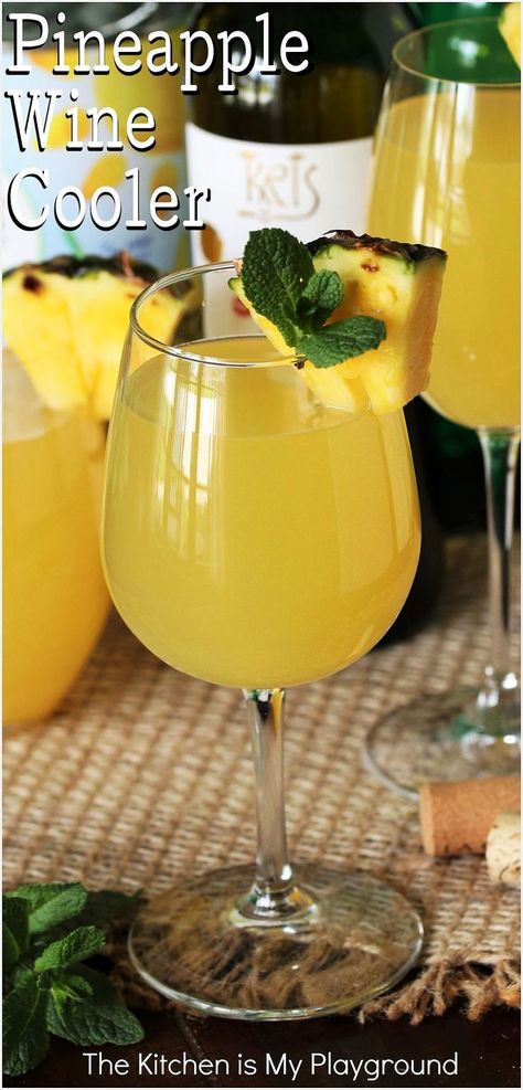 Glass of Pineapple Wine Cooler Cooler Recipes, Pineapple Wine, The Kitchen Is My Playground, Mango Pineapple Smoothie, Mango Smoothie Recipes, Kid Friendly Drinks, Lemon Lime Soda, Party Food And Drinks, Mango Smoothie