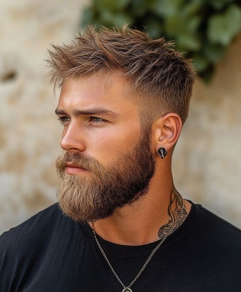 Caesar Cut with Edgy Spiky Texture Haircut And Beard For Men, Spiky Haircut Men, Haircut For Men Fade, Popular Hairstyles For Men, Spiky Haircut, Groomed Beard, Taper Fade Short Hair, Short Hair With Beard, Best Fade Haircuts