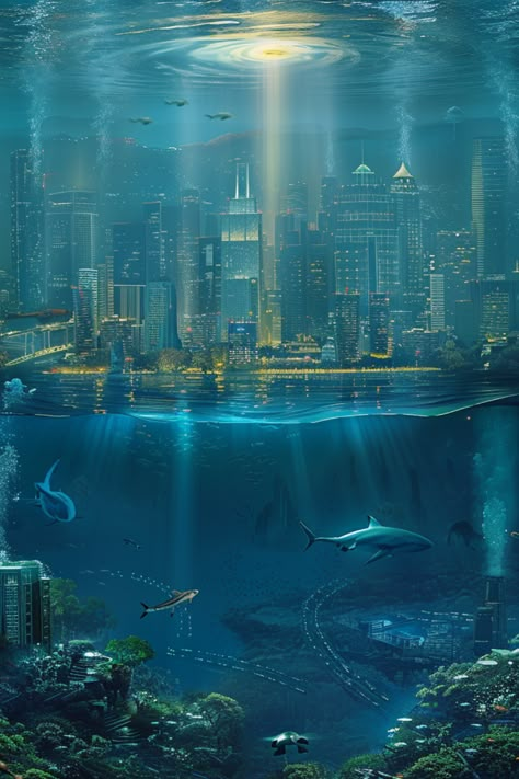 /imagine an underwater city with a light source on the sea bed that illuminates the city. There are other sea creatures swimming around the city. We can see trees, rivers and mountains in this underwater world. The art style is hyper realistic. --v 6.0 - Image #4 Underwater Cities Concept Art, Fantasy Underwater City Concept Art, Underwater City Aesthetic, Underwater City Map, Atlantis Art Underwater City, Underwater Transportation, Water City Fantasy Art, Underwater City Concept Art, Underwater City Fantasy Art