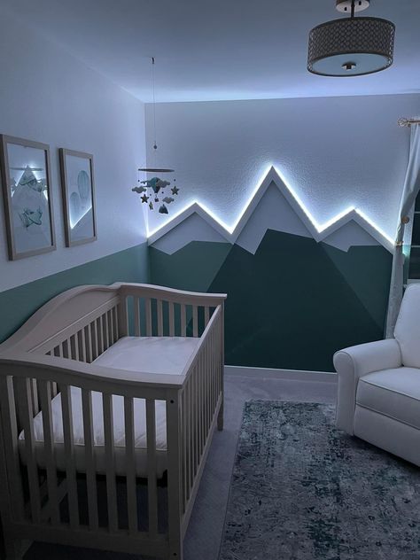 Attic Room Nursery Sloped Ceiling, Light Up Mountain Wall Decor, Modern Decor Inspiration, Coolest Nursery Ideas, Baby Boy Nursery Accent Wall Paint, Gender Neutral Star Wars Nursery, Geometric Nursery Wall, Mountain Woods Nursery, Nursery Ideas Painting