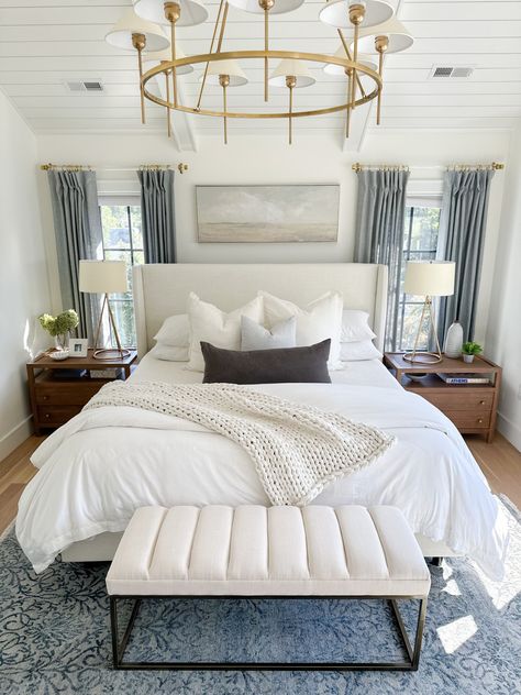 Coastal Bedroom Design, White Upholstered Bed, Lakehouse Bedroom, Maximizing Small Spaces, Tennessee House, Bed Frame Sizes, White Bed Frame, Fabric Bed Frame, Chic Bedroom Decor