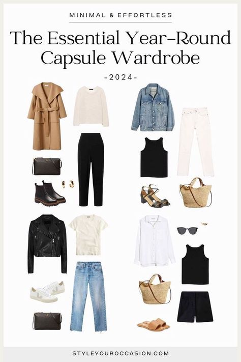 Essential Minimalist Year-Round Capsule Wardrobe for 2024 (+ 15 Chic Everyday Outfit Ideas) Chic Capsule Wardrobe, Minimalist Wardrobe Essentials, Minimalist Wardrobe Capsule, Wardrobe Checklist, Capsule Wardrobe Checklist, Capsule Wardrobe Minimalist, Vintage Wash Jeans, Capsule Wardrobe Essentials, Capsule Wardrobe Outfits