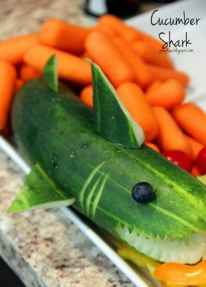 Cucumber Shark | 20+ Cute Fruit & Veggie Trays Sharknado Party, Shark Week Party, Shark Themed Birthday, Baby Shark Party, Shark Themed Birthday Party, Baby Shark Birthday, Decorações Com Comidas, Ocean Birthday, Shark Birthday Party