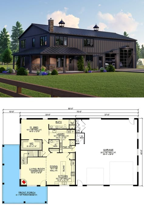 Deluxe Barndominium with 2-Story Living Room (Floor Plans) Shop And House Combo Plans, 40x60 Pole Barn House Plans, Barnodium Homes, 40x60 Pole Barn, Lewis Aesthetic, Prefab Shed, Barndominium With Shop, Cottage Bedroom Ideas, Loft Floor Plans