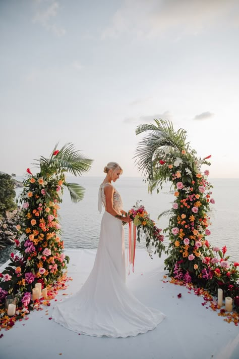 Oasis Photoshoot, Bright Tropical Wedding, Tropical Wedding Arch, Tropical Wedding Dress, Wedding Flower Arch, Whimsical Wedding Gown, Ballroom Wedding Dresses, Cartagena Wedding, Villa Phuket