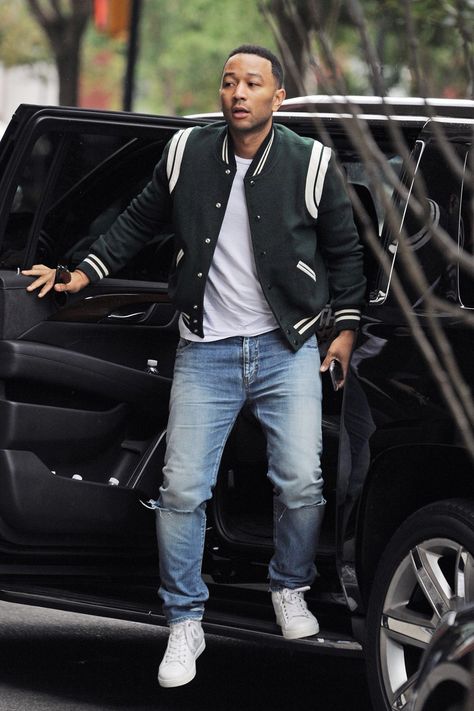 John Legend Mens Varsity Jacket Outfit, Outerwear Outfits, Varsity Jacket Style, Winter Stem, Varsity Jacket Outfit, Leather Varsity Jackets, Mens Casual Outfits Summer, Eddie Redmayne, Varsity Jacket Men