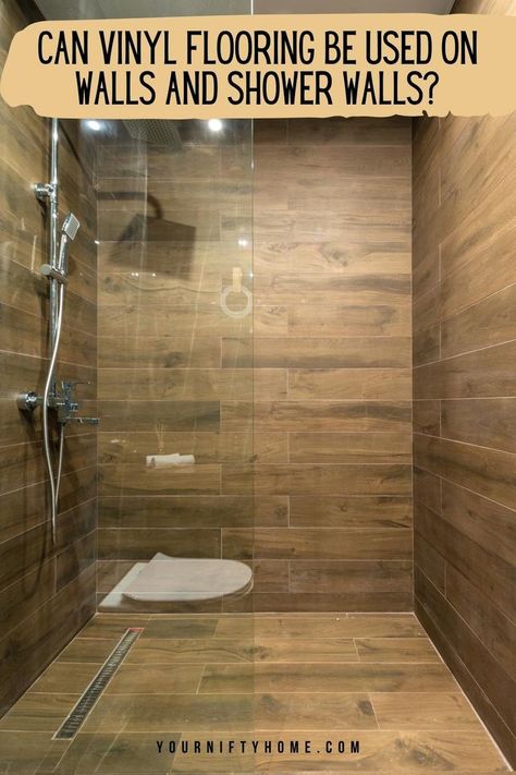 Can Vinyl Flooring Be Used On Walls And Shower Walls? Learn more about vinyl floor installation hacks, designs, types, sizes, materials, price, where to buy, and DIY hacks. Vinyl Flooring On Walls, Cabin Shower Ideas, Diy Vinyl Flooring, Vinyl Bathroom Flooring, Bathroom Renovation Shower, Flooring On Walls, Rustic Bathroom Shower, Vinyl Flooring Bathroom, Flooring Bathroom