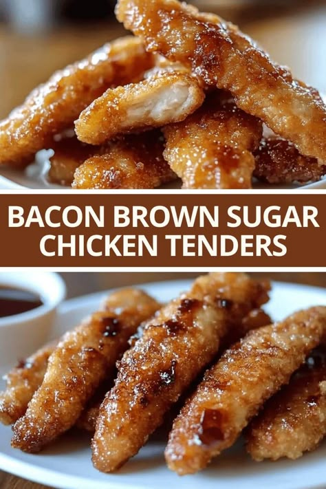 Chicken Tenders And Bacon Recipes, Pecan Chicken Tenders, Sauced Chicken Tenders, Brown Sugar Bacon Chicken Tenders, Brown Sugar Chicken Tenders, Quick Chicken Tenderloin Recipes, Brown Sugar Chicken Crockpot, Chicken Strip Meals, Bacon Brown Sugar Chicken Tenders