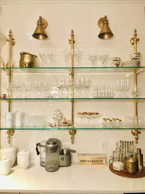 Glass bistro shelving French Bistro Coffee Bar, Ornate Shelves, Paneled Kitchen, Glass Bar Shelves, Bistro Shelves, Spice Shelves, Bistro Shelving, Hangout Space, Brass Shelving