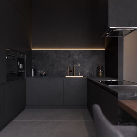 Grey Kitchen Interior, Contemporary Kitchen Interior, Dark Interior Design, Grey Kitchen Designs, Dark Grey Kitchen, Interior Design Minimalist, Black Interior Design, Dark Kitchen, Dark Interiors