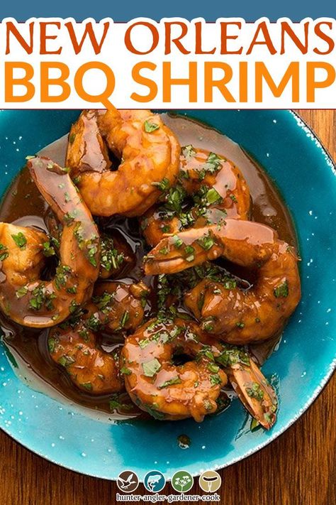 So, for those of you who are not familiar with New Orleans BBQ shrimp, this dish might seem confusing. After all, it’s not, strictly speaking, barbecue. Legend has it that BBQ shrimp was invented in the 1950s at a NOLA restaurant Pascal’s Manale when a guest, who’d returned from a trip to Chicago, described something like this to the chef at the time. | @huntgathercook #hankshaw #bbqshrimp #neworleansbbq #bestbbqshrimprecipe Nola Bbq Shrimp, New Orleans Bbq Shrimp Recipe, Louisiana Bbq Shrimp, Bbq Shrimp Recipe, Barbeque Shrimp, New Orleans Bbq Shrimp, Creole Shrimp, Shrimp Bbq Recipes, Best Barbecue Sauce