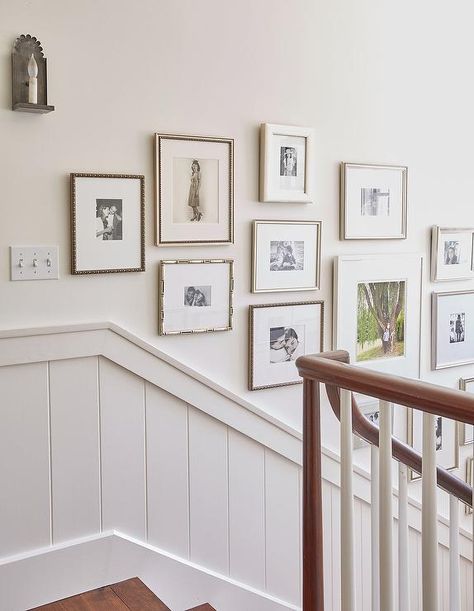 Shiplap Staircase Trim with Photo Wall - Cottage - Entrance/foyer Shiplap Staircase, تحت الدرج, Hallway Pictures, Hallway Gallery Wall, Stair Paneling, Gallery Wall Layout, Narrow Hallway Decorating, Family Photo Wall, Staircase Wall