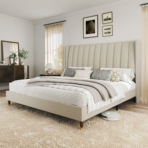 You'll love the Latitude Run® Beauviore Bed at Wayfair - Great Deals on all products with Free Shipping on most stuff, even the big stuff. Tall Headboard, Wingback Headboard, Queen Size Bed Frames, Queen Bed Frame, Headboard Designs, Upholstered Bed Frame, Bedroom Headboard, Panel Headboard, Metal Bed Frame