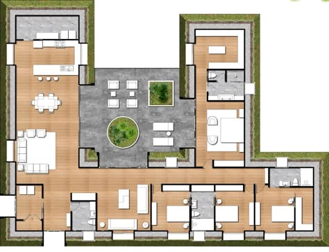 Green Magic Homes, Interior Architecture Sketch, Shaped House, 3d Floor Plans, 3d Floor Plan, Interior Design Renderings, Courtyard House Plans, Green Magic, Digital Sketch