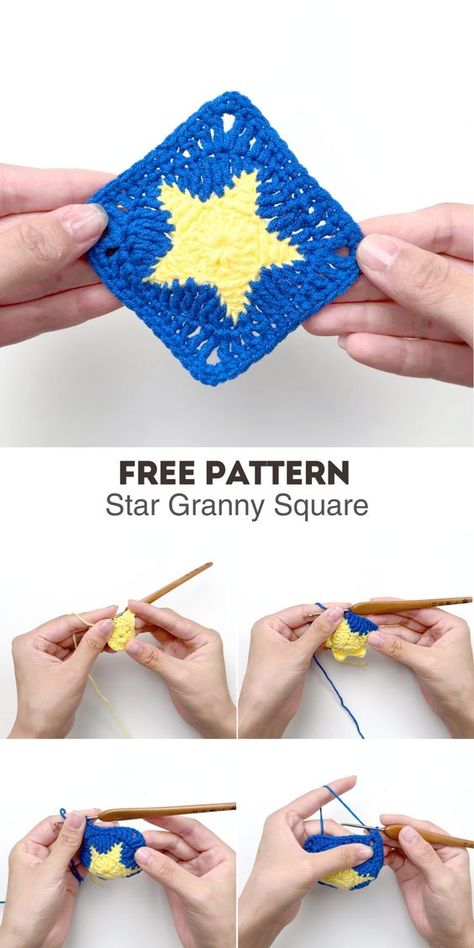 Start your crochet journey with our free Star Granny Square PDF pattern. Clear, visual instructions for beginners. Moon And Star Granny Square Free Pattern, Cool Granny Square Patterns Free, Granny Square With Star Center, Free Star Granny Square Pattern, Star Granny Square Pattern Free, Crochet Star Granny Square Pattern, Granny Square Star Crochet Pattern, Space Granny Square Crochet, 4 Inch Granny Square Free Pattern