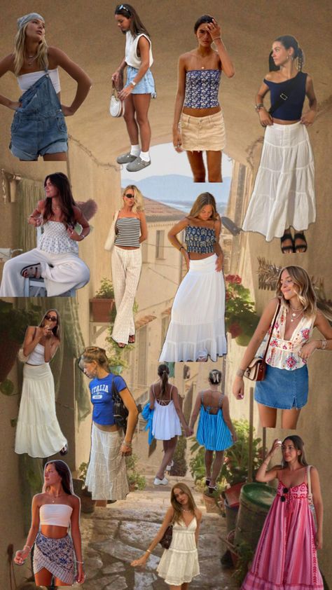 European Summer Outfits Spain Summer Fashion, European Outfits Summer, Tuscany Outfits, Portugal Clothes, Italy Aesthetic Outfit, Study Abroad Outfits, European Vacation Outfits, Italy Summer Outfits, European Outfits