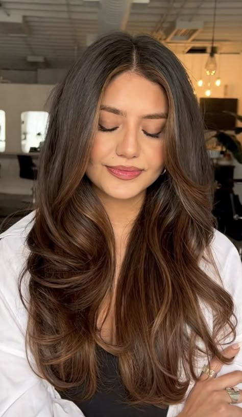 Curled Hair With Layers Long, Brown Hair Inspiration Colour, Bayalage Brunette Cool Tones, Mixed Brown Highlights, Money Piece Hair Tan Skin, Brunette Hair For Brown Eyes, Balayage To Dark Brown, Beautiful Balayage Hair, Latinas With Colored Hair