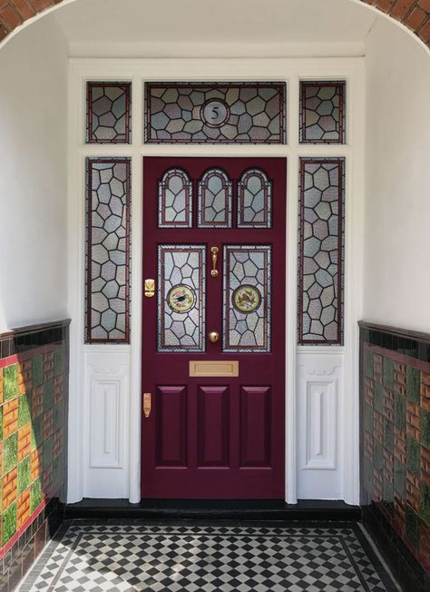 Dark Red Door, Dark Red Front Door, Victorian Front Door, Victorian Front Doors, Red Front Door, Victorian Door, Leaded Glass Windows, The Victorian Era, Door Company