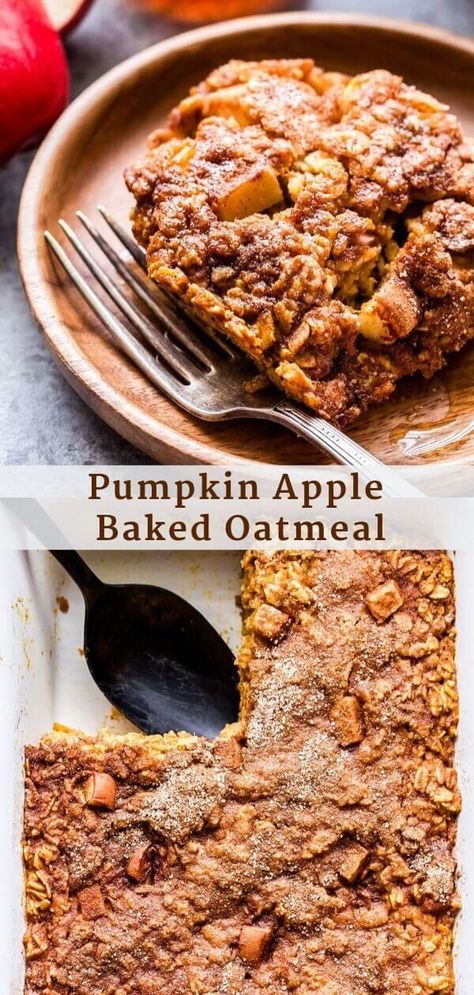 Pumpkin Apple Baked Oatmeal combines two of fall's best flavors! Topped with a sweet cinnamon sugar topping that gets crisp as it bakes, it's perfect for a weekend fall breakfast or brunch. #bakedoatmeal #oatmeal #pumpkin #apple #glutenfree #vegetarian #breakfast #brunch #fallrecipes #healthybreakfast Apple Baked Oatmeal, Oatmeal Pumpkin, Baked Oatmeal Recipes, Fall Breakfast, Pumpkin Apple, Vegetarian Breakfast, Baked Oatmeal, Oatmeal Recipes, Breakfast Brunch Recipes