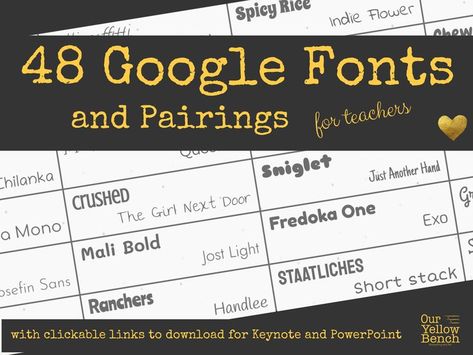 48 Google fonts with Pairings for teachers, with clickable links to download for Keynote and PowerPoint. Fun Free Fonts, Google Slides Backgrounds, Fonts For Teachers, Google Slides Templates For Teachers, Cute Google Slides, Diverse Classroom, Best Google Fonts, Google Font Pairings, Teacher Fonts