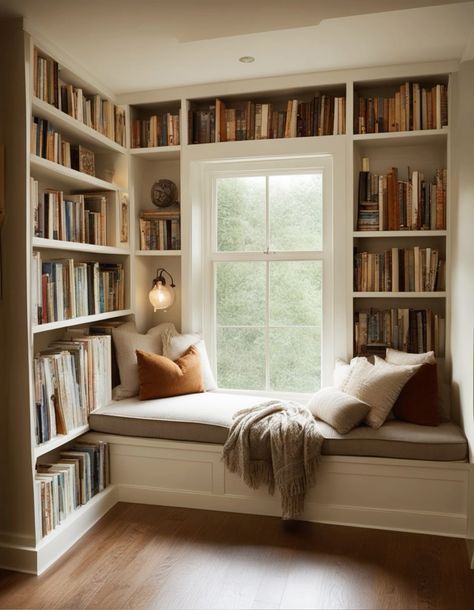 Bookshelf Around Window Office, Sitting Area In Front Of Window, Bookshelves Window Seat, Books Around Window, Built In Bookshelves Around Window Bedroom, Reading Nook And Office, Bookshelves Around A Window, Sitting Room Ideas Cozy Reading Nooks, Corner Library Nook