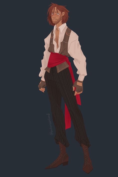 Fantasy Commoner Clothes, Pirate Outfit Men Drawing, Pirate Dnd Character, Pirate Outfit Men, Dnd Pirate Character Design, Male Pirate Character Design, Sailor Character Design, Bard Character Design, Pirate Concept Art