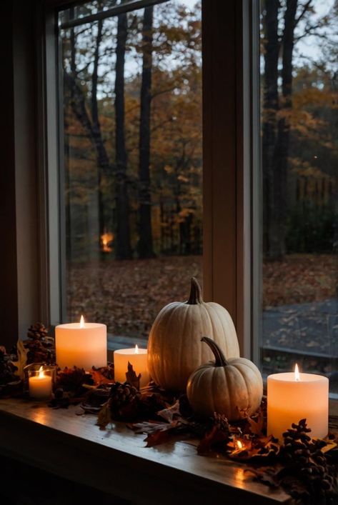 Pumpkin Living Room, Autumn Aesthetic House Interior, Home Decor Thanksgiving, Fall House Inspiration, Fall Decor Window Sill, Cosy Autumn Home, Autumn Interior Aesthetic, Hygge Autumn Aesthetic, Autumn Colour Living Room