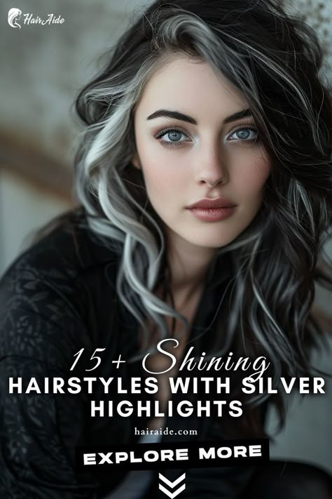 a woman with long hair and silver highlights is posing for a picture Black And Grey Balayage Hair, Dark Hair Silver Streak, Silver Balayage With Money Piece, One Silver Streak Hair, Balayage Silver Hair Brunette, Dark Hair With Grey Streak, Two Tone Gray Hair, Going From Dark Brown To Grey Hair, Silver Highlights On Brown Curly Hair