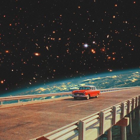 Cosmology Aesthetic, Weird Aesthetic Art, Deborah Core, Car In Space, Kevin Core, Retro Space Aesthetic, Retro Space Art, Aesthetic Astronomy, Space Surrealism