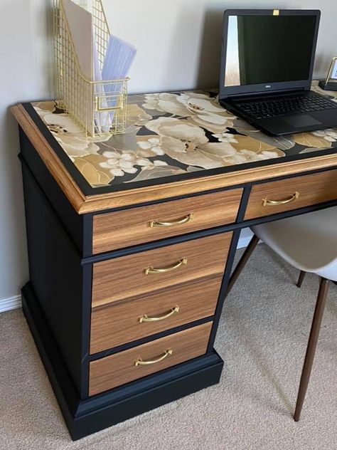 Office Desk Refurbish, Refurbished Office Furniture, Redone Desk Ideas, Refurbished Office Desk, Upcycle Office Furniture, Corner Desk Makeover, Desk Refinishing Ideas Wood, Two Toned Desk, Desk Renovation Diy