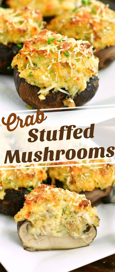 Amazing Crab Stuffed Mushrooms filled with a perfect combination of cream cheese, herbs, claw or lump crab meat, and grated Parmesan cheese.#appetizer #snack #partyfood #entertaining #crab #seafood #mushrooms #stuffedmushrooms Crab Stuffed Portobello Mushrooms, Seafood Mushrooms, Stuffed Portobello Mushrooms, Portobello Mushroom Recipes, Mushroom Appetizers, Crab Stuffed Mushrooms, Stuffed Portobello, Cheese Appetizer, Crab Stuffed