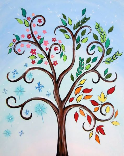 Tree of All Seasons 4 Season Tree Painting, Four Seasons Tree Painting, Four Seasons Drawing, 4 Seasons Tattoo, 4 Season Tree, Seasons Drawing, Muse Paintbar, Four Seasons Painting, Tree Painting Canvas