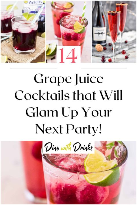 Collage of 4 grape juice cocktails. Grape Juice Punch, Sparkling Juice Recipe, Grape Juice Cocktail Recipes, Sparkling Grape Juice Recipe, Drinks With Grape Juice, Alcoholic Drinks With Sprite, Cocktails With Grape Juice, White Grape Juice Cocktail, Grape Alcohol Drink