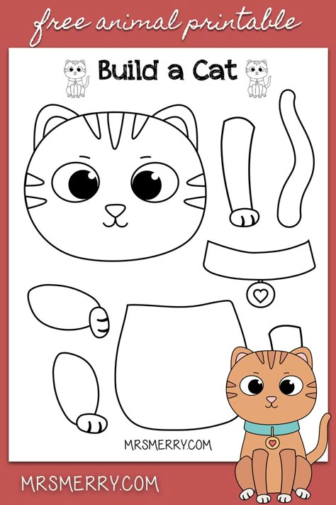 Build a little kitten with our free build-a-cat craft. This 1-page print out will keep your kids busy and entertained. #freekidsprintables #indooractivitiesforkids #prekactivitiesathome #googleclassroom #buildacat #buildadog #kindergartencrafts #keepkidsbusy #buildactivitiesforkids #mrsmerry Build A Puppy Printable, Cat Crafts Preschool, Pet Study, Puppy Crafts, Pets Preschool Theme, Pet Theme, Cat Template, Kindergarten Art Projects, Cat Activity