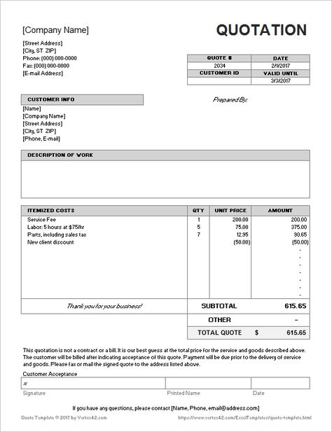 Download the Quotation Template from Vertex42.com Business Document Design, Quotation Design, Quotation Sample, Invoice Format In Excel, Quotation Template, Successful Tips, Quote Template Design, Formal Quotes, Quotation Format