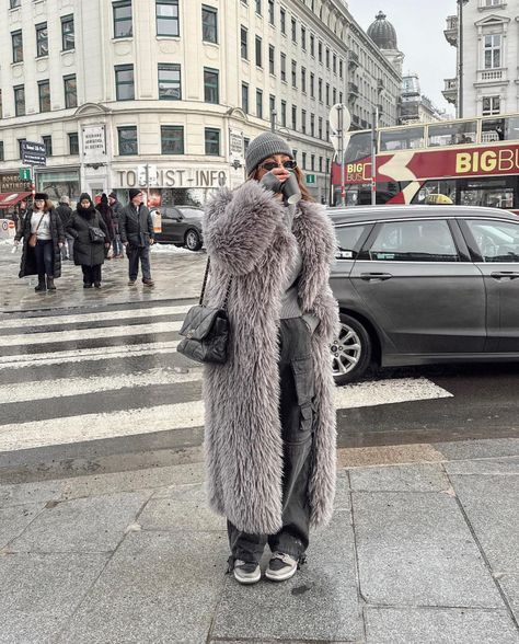 karolinactually Paris Winter Outfit, Faux Fur Long Coat, Fur Long Coat, Fur Coat Outfit, Grey Fur Coat, Fox Coat, Long Faux Fur Coat, Grey Fur, Faux Fur Coats