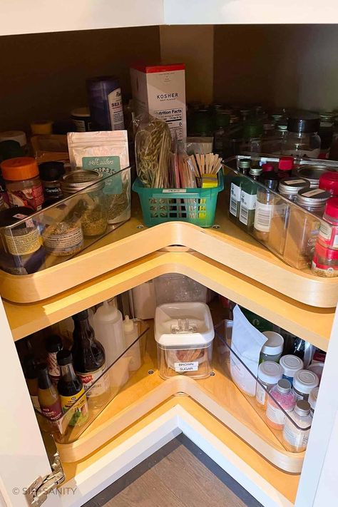 Corner Spice Storage, How To Organize Corner Kitchen Cabinet Lazy Susan, Seasoning Organization Cabinet, Organize Lazy Susan Corner Cabinet, Organizing Lazy Susan Cabinet, What To Store In Lazy Susan Cabinet, Lazy Susan Storage Ideas, How To Organize Corner Kitchen Cabinet, Lazy Susan Kitchen Cabinet