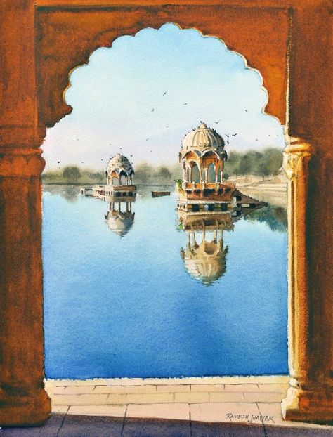 View In My Room Rajasthani Watercolor Painting, Painting Ideas Indian Art, Indian Landscape Paintings, Rajasthan Landscape, Rajasthan Jaisalmer, Rajasthan Painting, Guache Art, Painting Indian Art, Indian Landscape