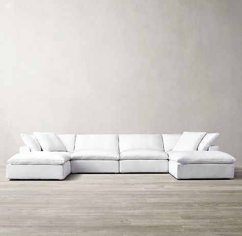 Shown in White Washed Belgian Linen; sectional consists of 2 corner chairs, 2 armless chairs and 2 end-of-sectional ottomans. Rh Cloud Sectional, Restoration Hardware Cloud Sofa, Rh Sofa, U Couch, Restoration Hardware Cloud, Restauration Hardware, Cloud Couch, Cloud Sofa, White Sectional