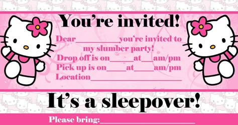 Here are two slumber party - or pajama party - invites that show Hello Kitty - click on the slumber party invite you like best and it will ... Sleepover Ideas Invitations, Hello Kitty Invitation Card Sleepover, Birthday Invitations Sleepover, Hello Kitty Slumber Party Invitation, Hello Kitty Sleepover Invitation, Hello Kitty Sweet 16 Invitations, Birthday Invitations Hello Kitty, Hello Kitty Bday Invitation, Hello Kitty Sleepover Ideas