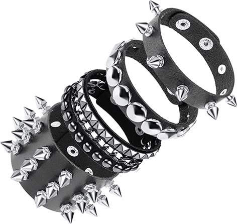 Amazon.com: WAINIS 4 pcs Punk Studded Bracelet Rivets Bracelet Leather Rivets Bracelet Cuff: Clothing, Shoes & Jewelry Apartment Decorating For Couples, Black Metal Jewelry, Emo Jewelry, Emo Accessories, Studded Bracelet, Bracelet Packaging, Punk Shoes, Punk Accessories, Leather Rivets