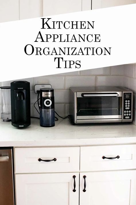 Need kitchen appliance organization tips? Check out this article to decide what to keep and where to store it all in your kitchen. Kitchen Organizing Countertop, How To Get More Counter Space In Kitchen, Appliance Set Up In Kitchen, Where To Place Small Kitchen Appliances, Kitchen Devices Organization, Kitchen Appliance Placement Ideas, Storage For Large Kitchen Appliances, What To Keep On Kitchen Counters, Kitchen Small Appliance Organization