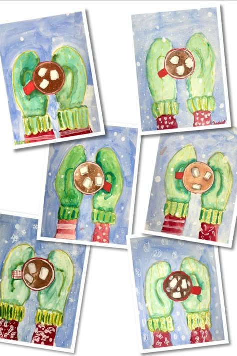 These cozy mittens and hot cocoa watercolor paintings were created by kids ages 7-11. They also used Posca paint markers for texture on the mittens and for the snow. Visit the link to see more of this winter art project for kids! Upper Elementary Winter Crafts, Christmas Art Projects For Elementary Students, Ornament Art Projects For Kids, Winter Craft For 3rd Grade, Guided Christmas Drawing For Kids, Collaborative Winter Art For Kids, Grade 4 Winter Art, One Class Art Lessons, Simple Winter Art Projects For Kids