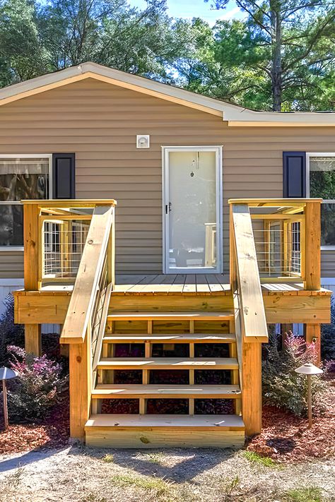 Mobile Home Front Door, Mobile Home Steps, Steps Storage, Mobile Home Porches, Mobile Home Deck, Mobile Home Doors, New Mobile Homes, Stone Porches, Mobile Home Exteriors