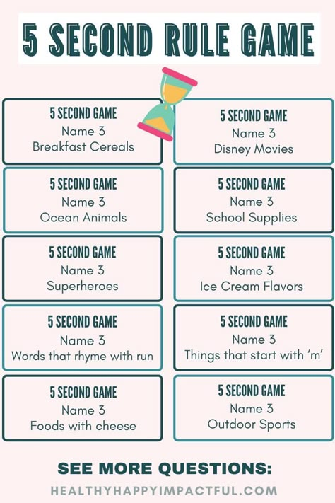 5 second rule game; how to play; categories Name Things Game, Name Five Things Game, Questions To Play With Friends, Ideas For Games With Friends, Game Night Ideas For Families, Ice Breaker Ideas Team Building, Games With Family Ideas, Get Together Games Ideas, Name 5 Things Game Questions