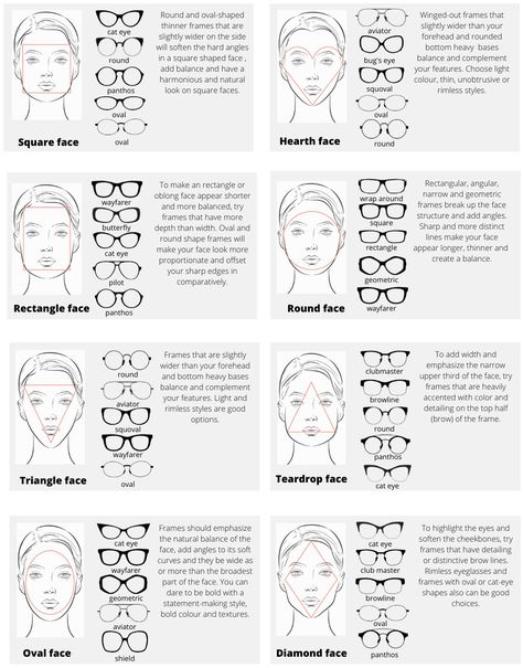 Frames for your face shape Types Of Sunglasses Face Shapes, Glasses For Face Type, Glasses Frames For Women Triangle Face, Frames For Long Faces Glasses, Oblong Face Eyeglasses, Glass Frame For Oval Face, Different Types Of Glasses Frames, Best Glasses Shape For Oval Face, Types Of Frames Glasses