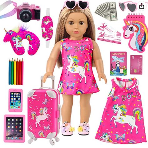 #americangirldolls #giftideas #girls Preschool Supplies, Doll Suitcase, Babysitting Crafts, Kids Toy Shop, Baby Barbie, Doll Crib, Suitcase Travel, Kids School Backpack, Diy Gifts For Kids