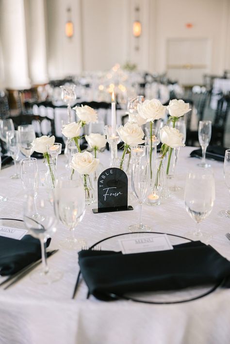 A Timeless Black and White Wedding Affair | Emily Broadbent Photography White With Black Aesthetic, Black And White Themed Wedding Reception, Classic Black And White Wedding Table, Black And White Wedding Centrepiece, White And Black Wedding Decorations, White Floral Centerpieces Round Table, Wedding Black Candles, Black White And Sage Wedding Decor, Black And White Elegant Party Decor